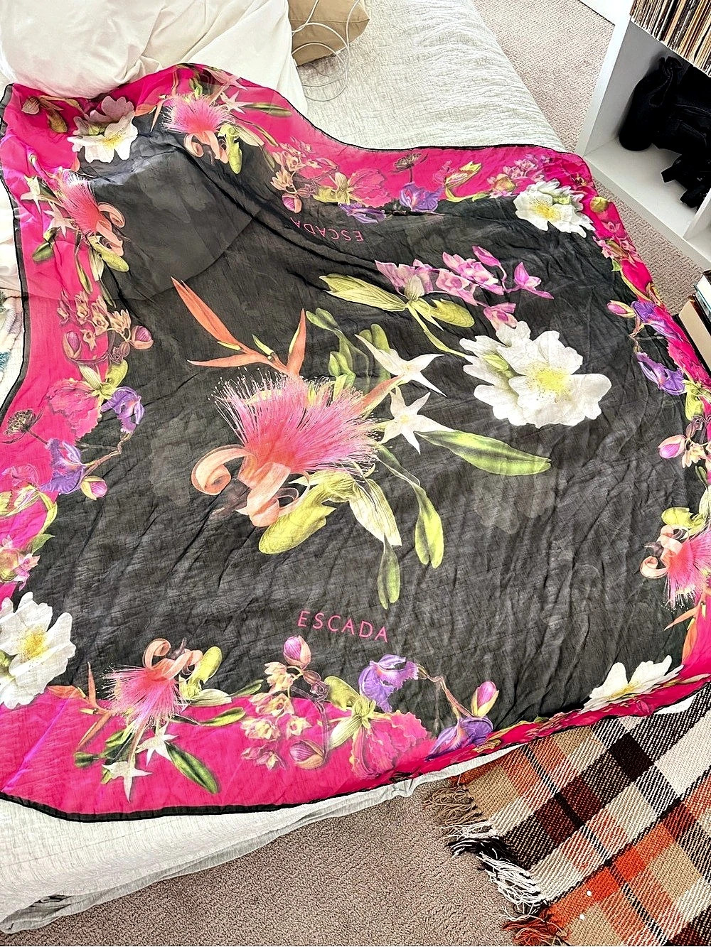 Escada Floral Silk-Style Scarf Pink & Black